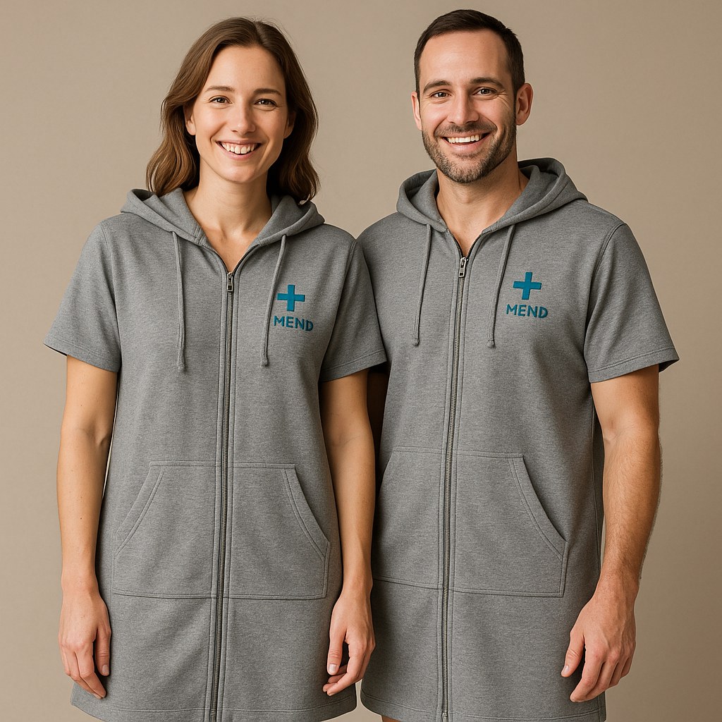 A woman and a man in MEND Comfort Wrap recovery gowns