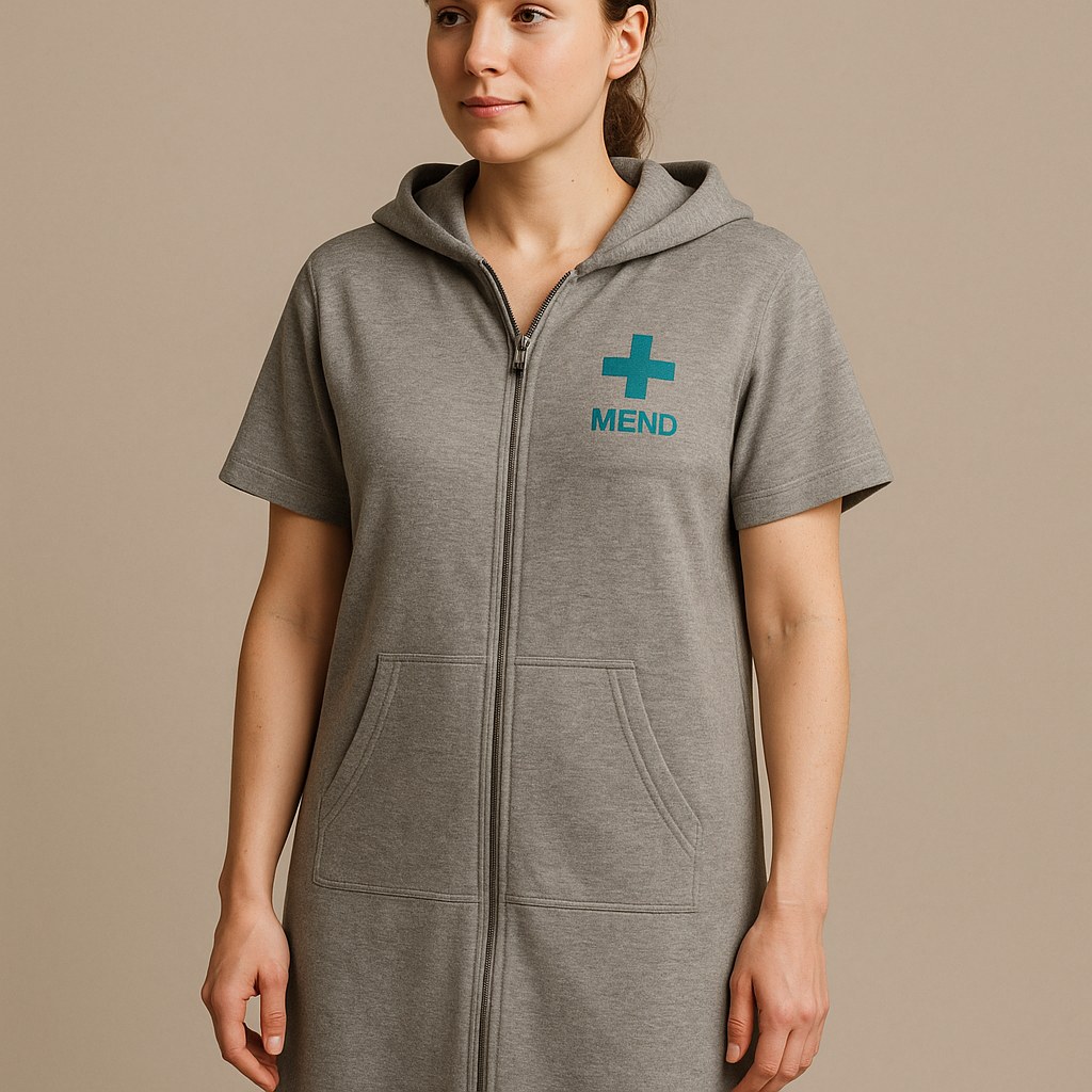 Comfort Wrap gown, female model, front view