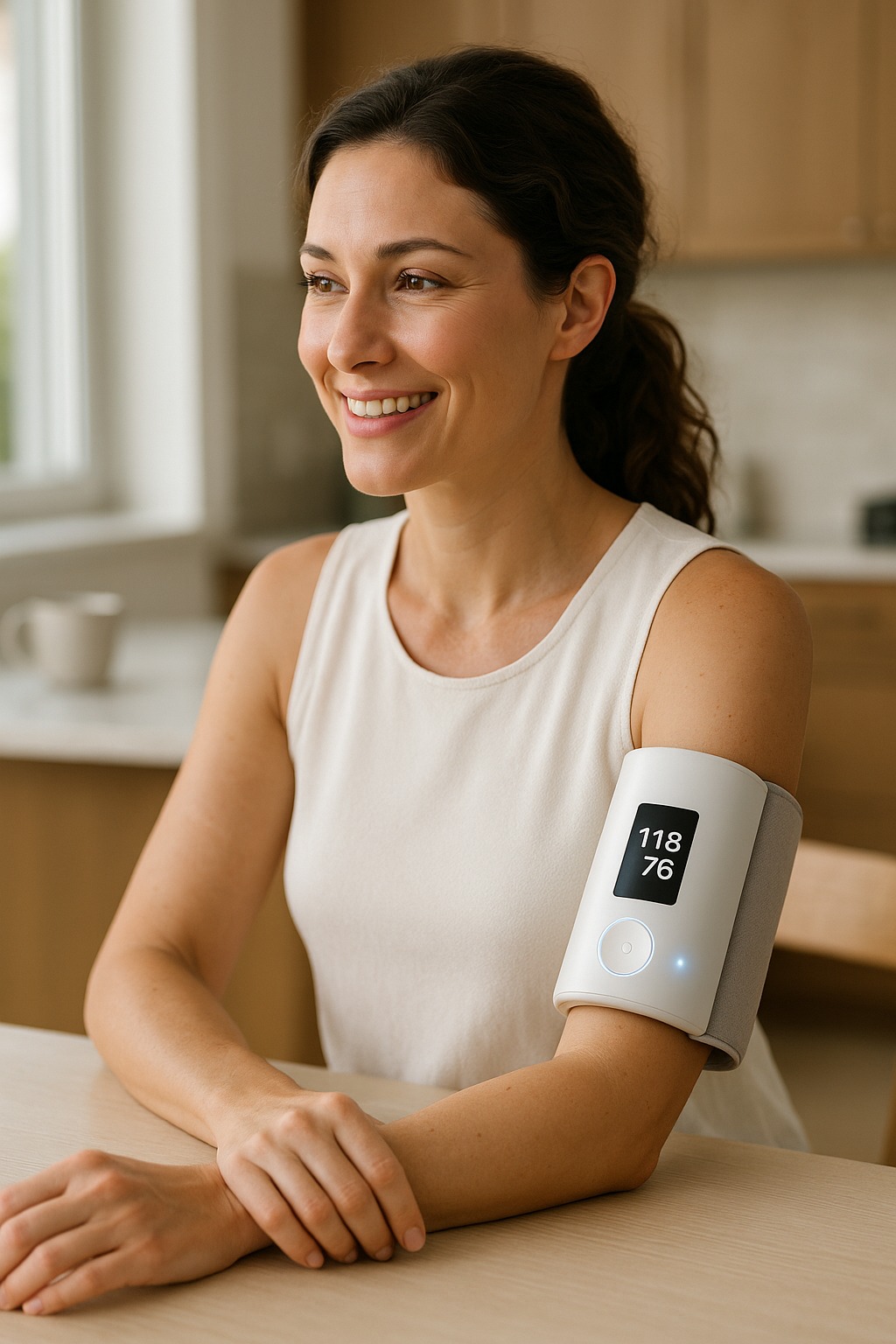 Woman wearing the MEND Pulse blood pressure monitor on her upper arm